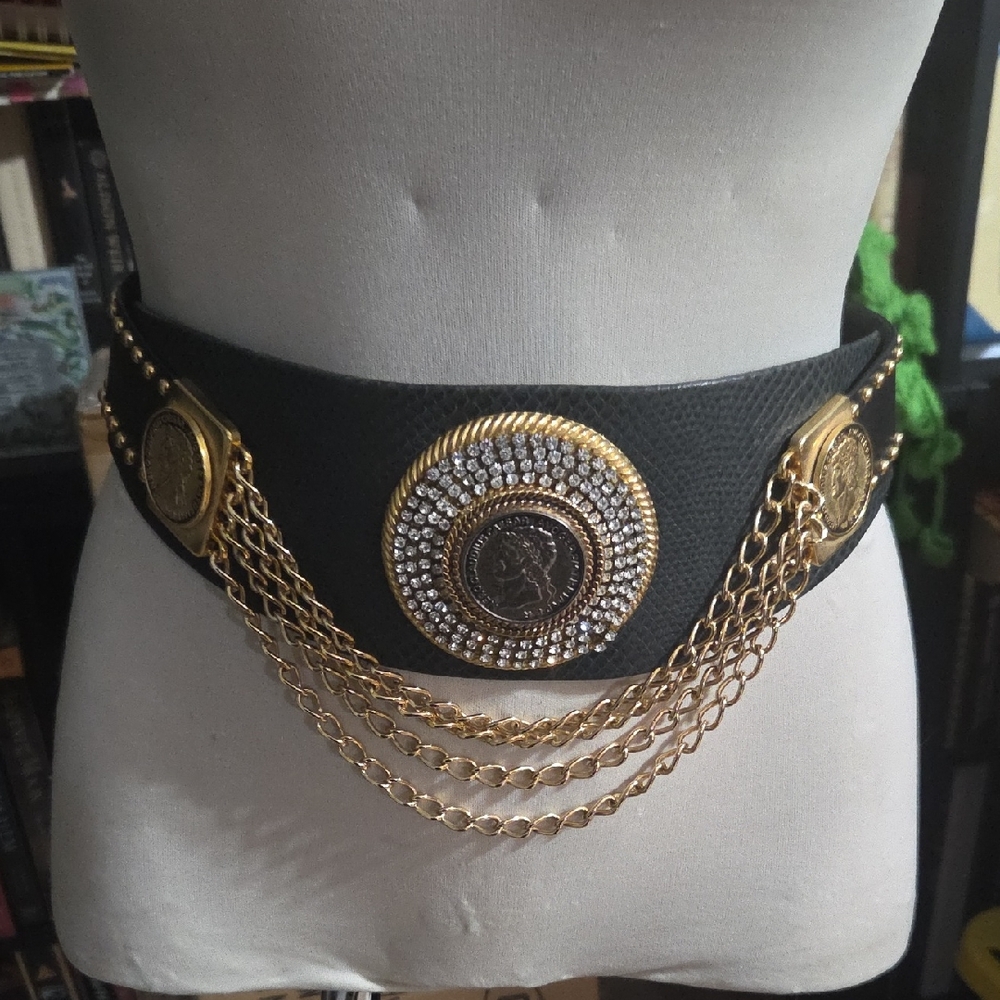 Vintage Black and Gold Chain Belt With Diamonds
